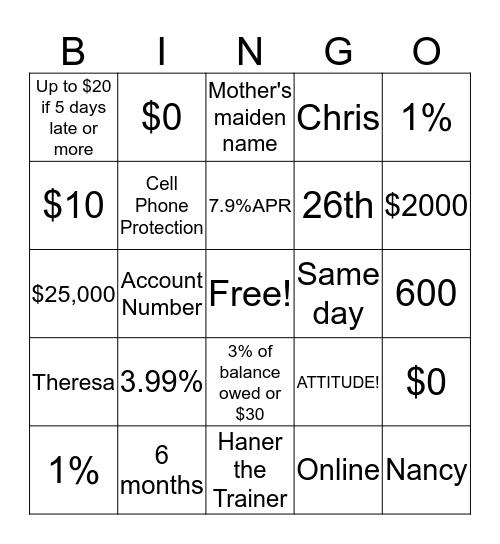 Credit Card Promotion Bingo Card