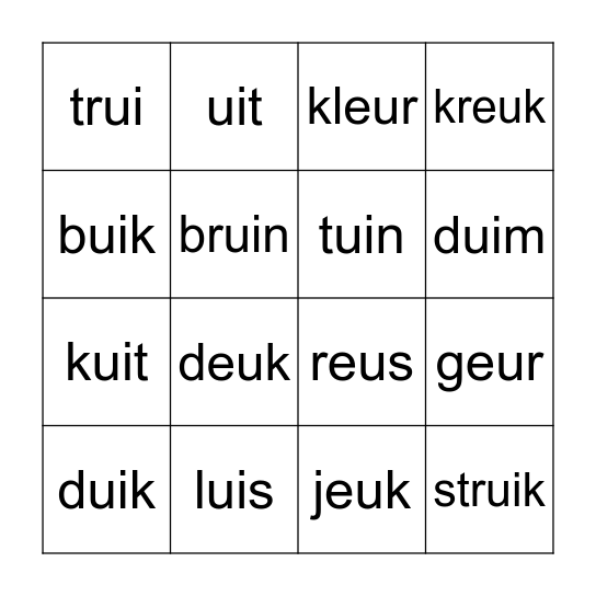 woorden met ui + eu Bingo Card