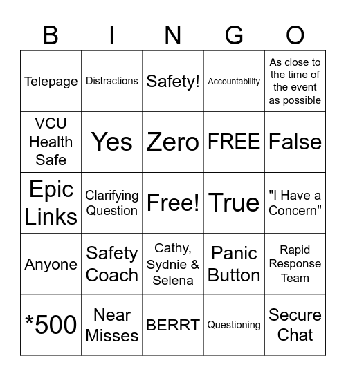 Patient Safety Week Bingo Card