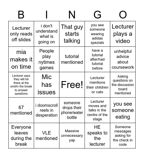Lecture Bingo!!!!!! :p Bingo Card