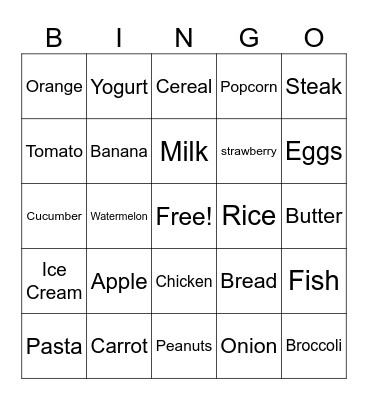Nutrition Bingo Card