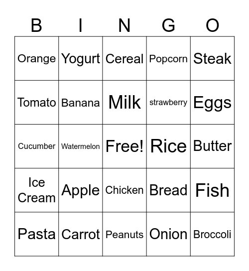 Nutrition Bingo Card