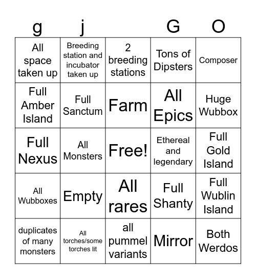 My Singing Monsters Bingo Card