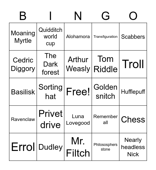 Harry Potter Bingo Card