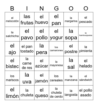 Lesson 2: LA Comida Bingo Card