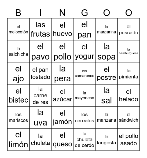 Lesson 2: LA Comida Bingo Card