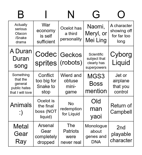 MGS4 Bingo Card