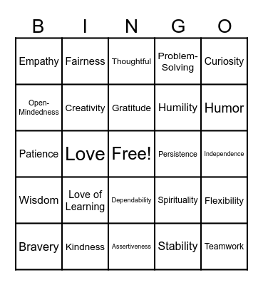 Personal Strengths Bingo Card