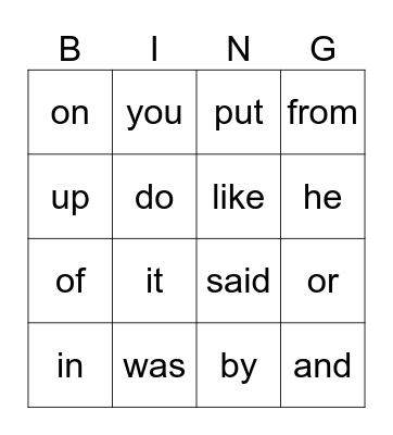 Heart Words Bingo Card