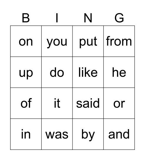 Heart Words Bingo Card