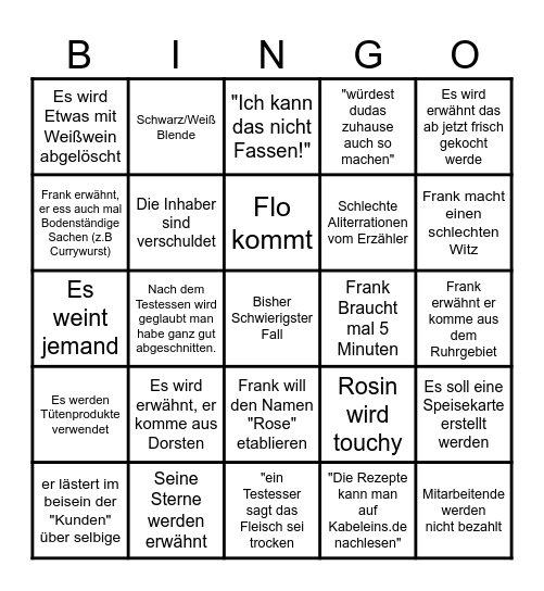 Rosins Restaurant Bingo Card