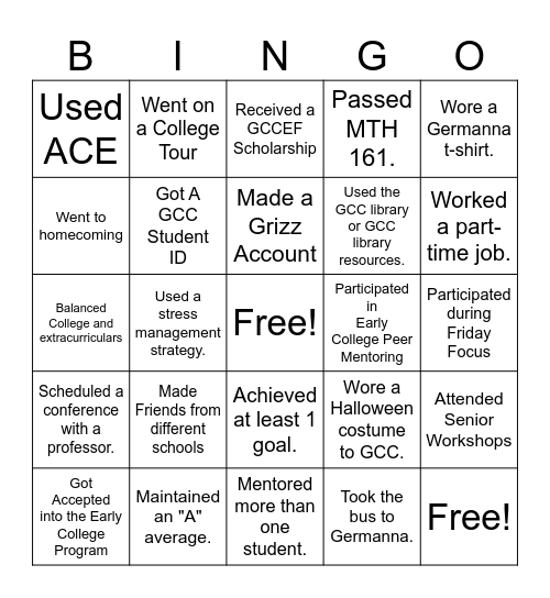 Early College Bingo Card