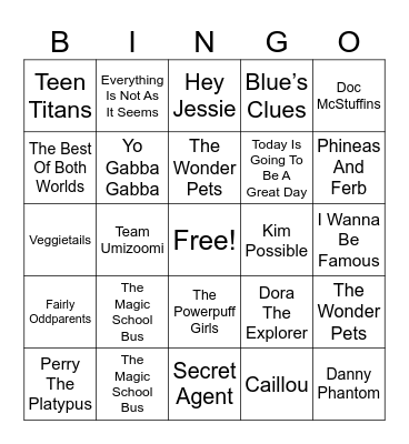 2000s Kids TV Shows Bingo Card