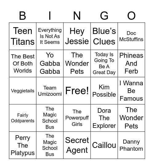 2000s Kids TV Shows Bingo Card