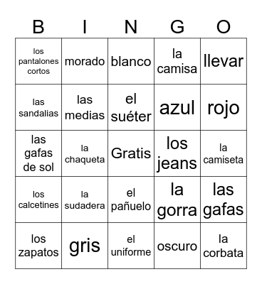 La Ropa y Los Colores Bingo Card