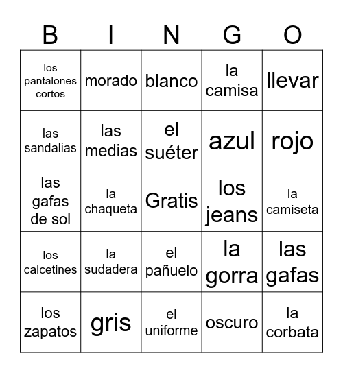 La Ropa y Los Colores Bingo Card