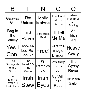 An Irish Music Bingo Card