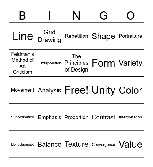 Art 2 Bingo Card