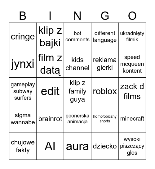 YT shorts Bingo Card