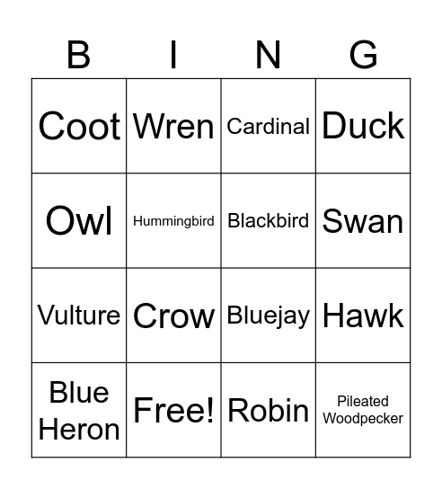 birb Bingo Card
