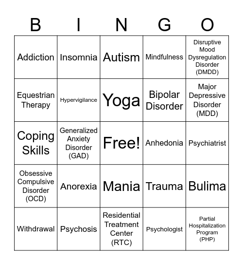 psychoeducation Bingo Card