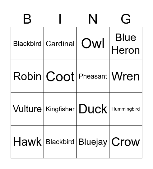 birb Bingo Card