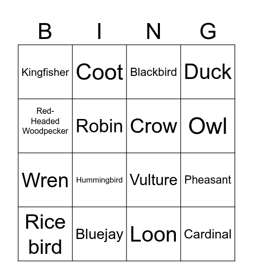 birb Bingo Card