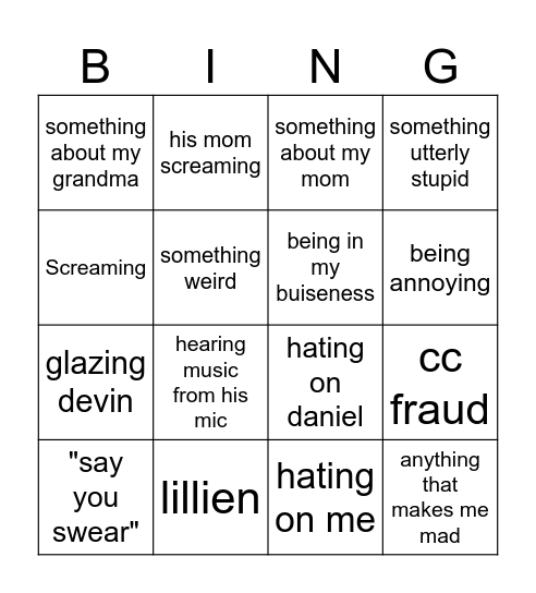 Jayden Bingo Card