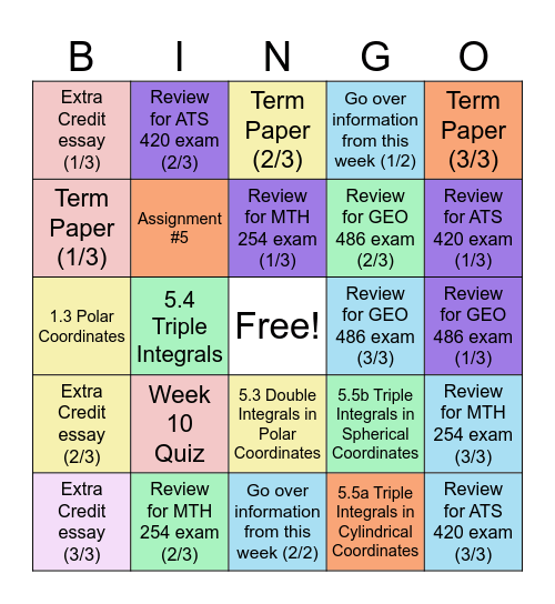 Week of March 8 Bingo Card