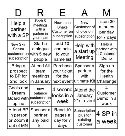 Team Change Life Bingo Card