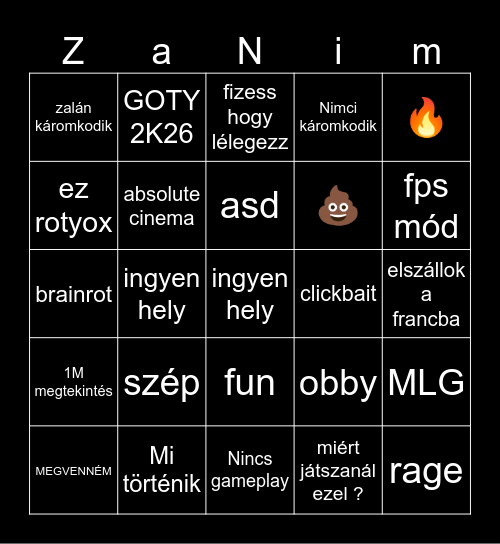 Rotyox ZaNim Bingo Card