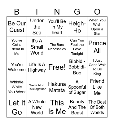 Disney Songs Bingo Card