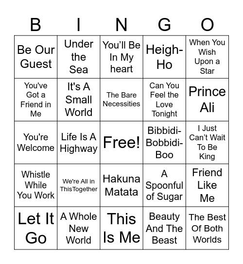 Disney Songs Bingo Card