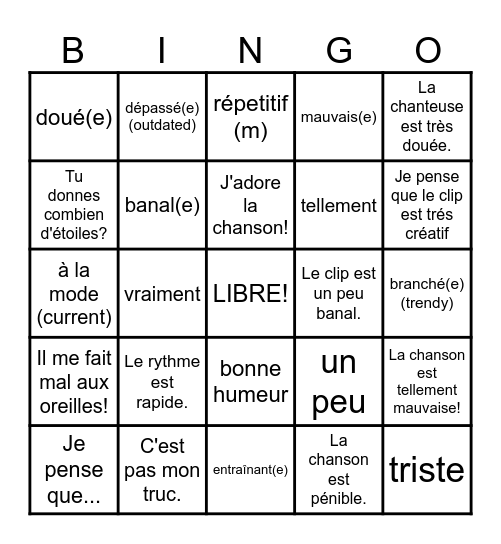 MANIE MUSICALE 2026 - les adjectifs Bingo Card