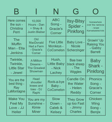 Kevin's Surprise Baby Shower Music Bingo Card