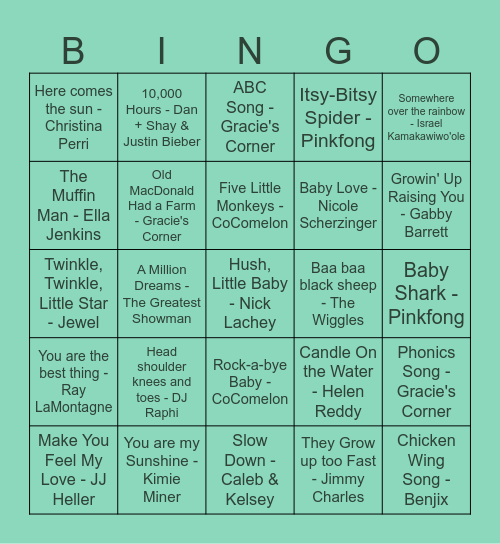 Kevin's Surprise Baby Shower Music Bingo Card