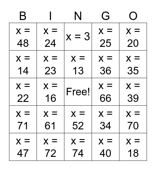 One-Step Equation Bingo Card