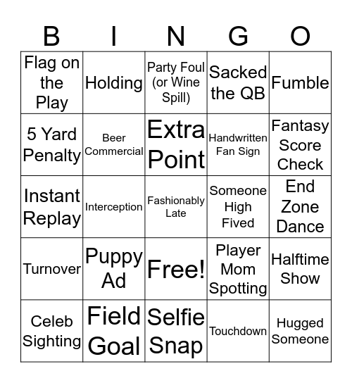 Game Day Bingo Card