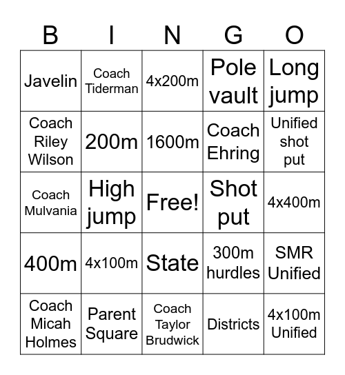 Track and Field Bingo Card