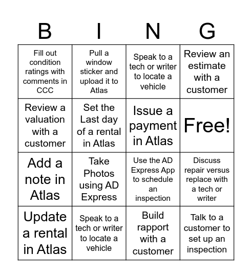 Ride Along Bingo Card