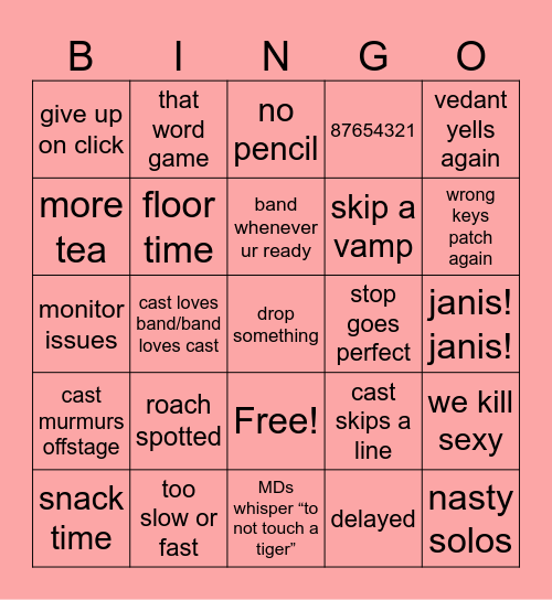 opening night Bingo Card