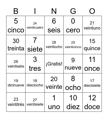 Números 1-30 Bingo Card
