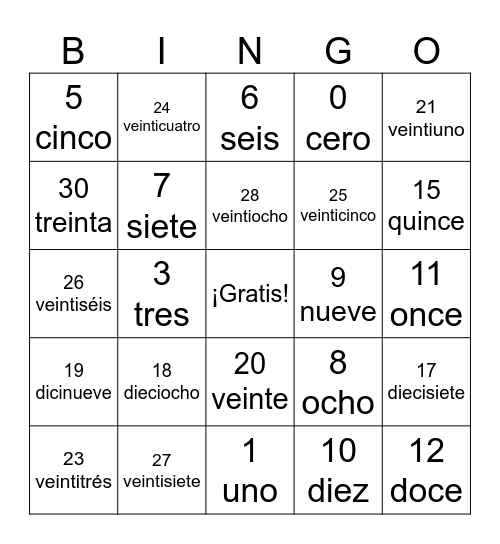 Números 1-30 Bingo Card