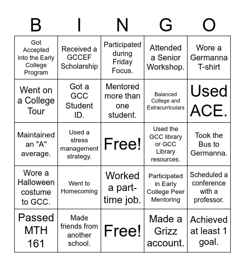 GCC Early College Bingo Card