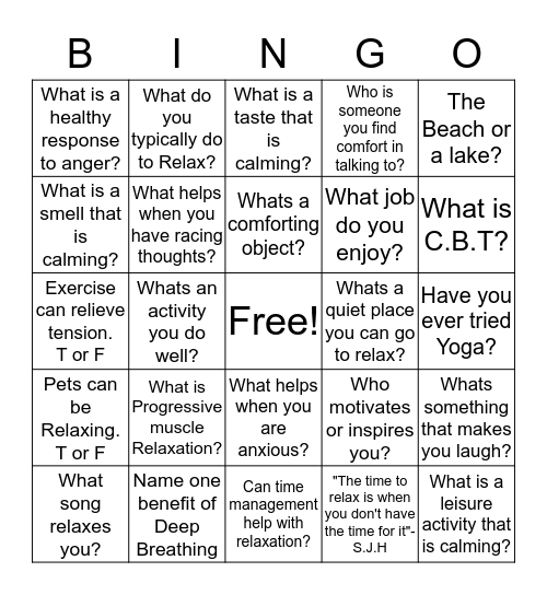 Relaxation Bingo Card