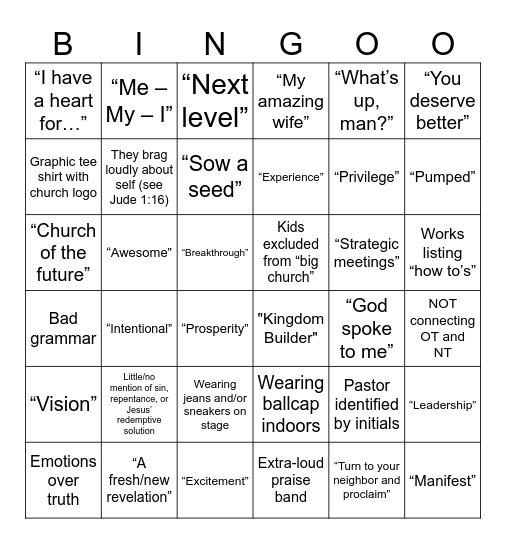 Samples & Phrases at a Mega-Modern Hipster Church or Pastored Bingo Card