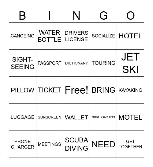 Travel Needs and Activities Bingo Card
