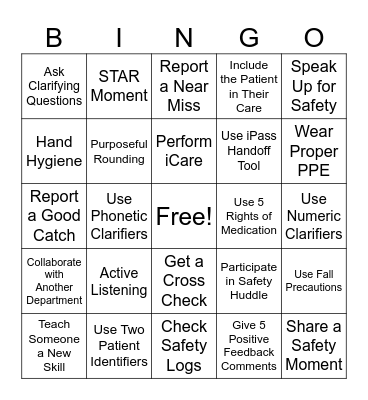 National Patient Safety Week Bingo Card