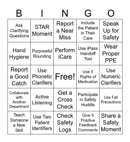 National Patient Safety Week Bingo Card