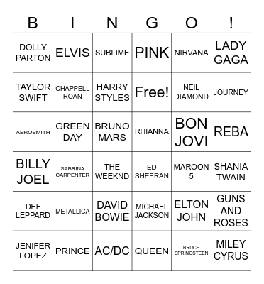 HEAR THE SONG, FIND THE ARTIST Bingo Card